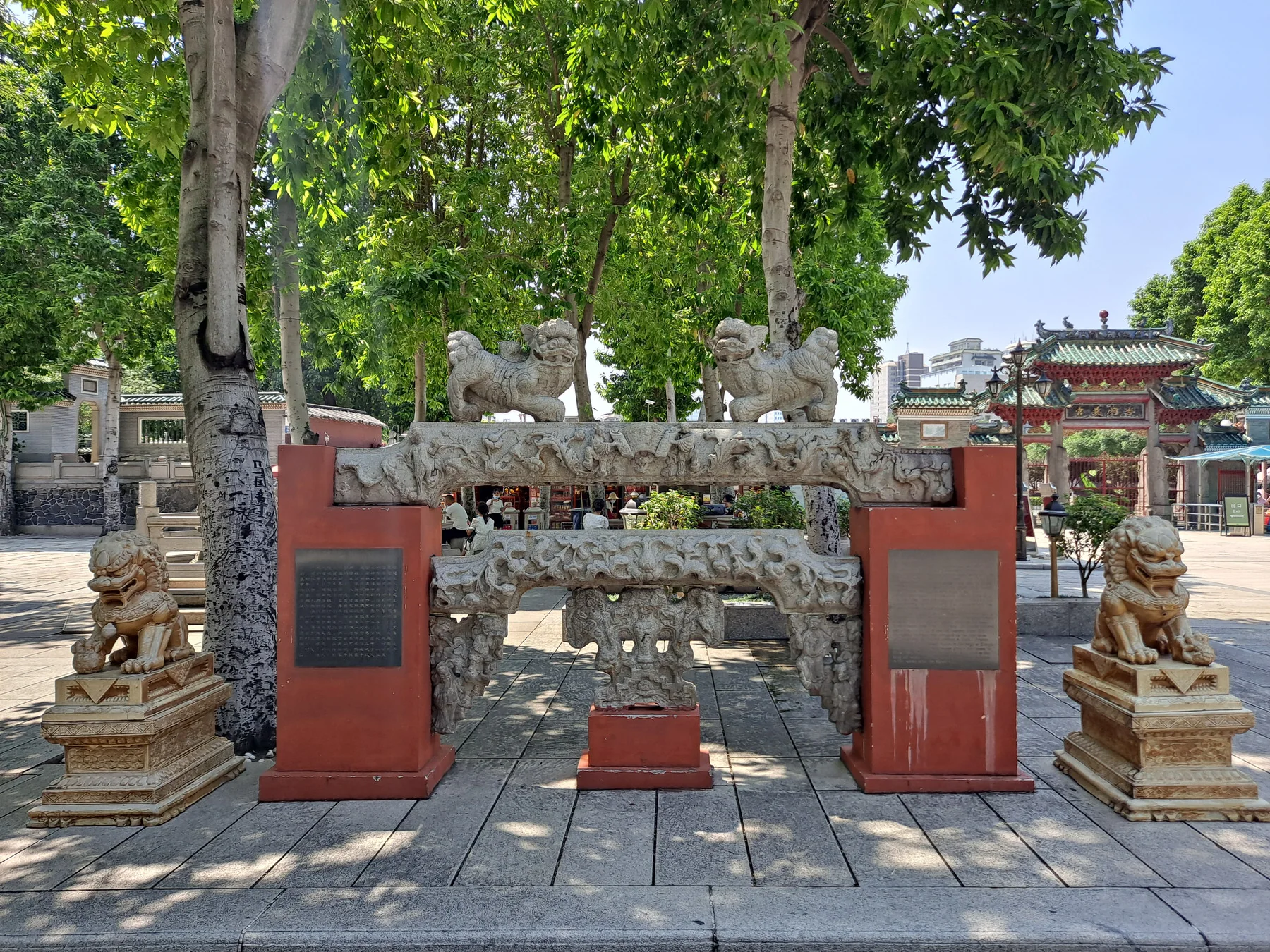Stone architectural and display elements within the Foshan Ancestral Temple complex