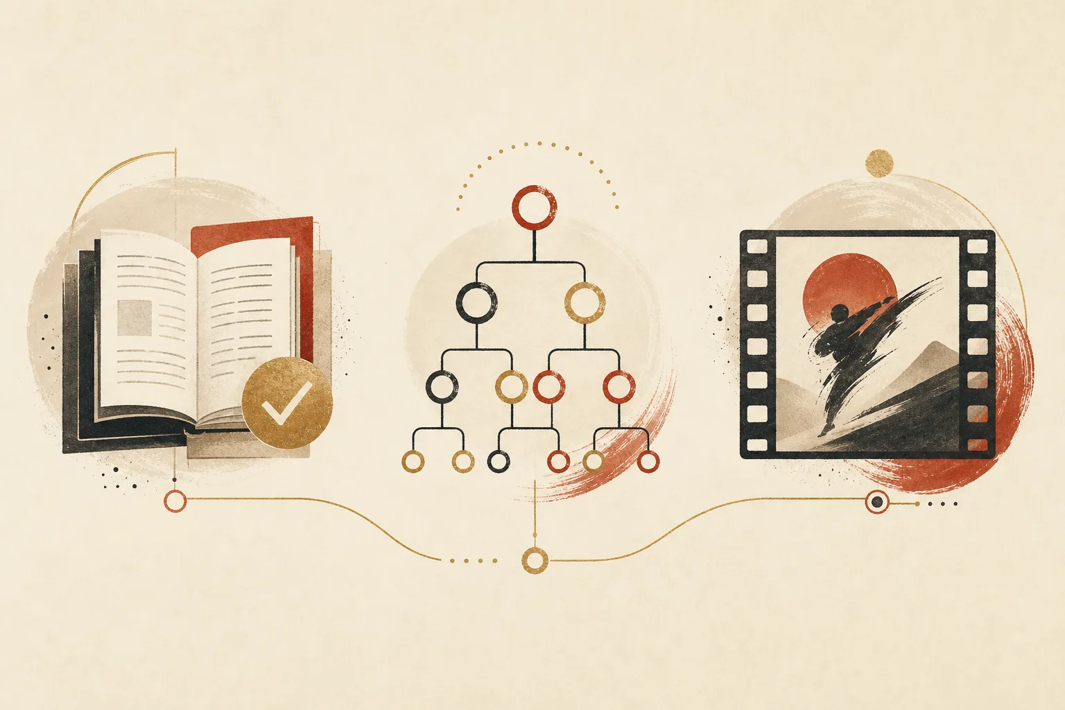 Editorial illustration of a document, a lineage diagram and a film frame as three separate evidence lenses