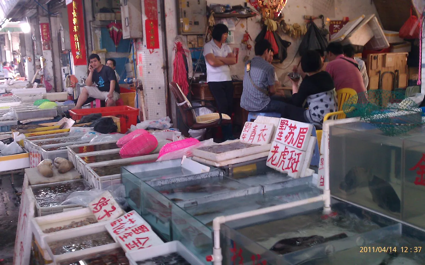 A seafood stall with tanks, handwritten product signs and customers at Pingdi Seafood Market in 2011