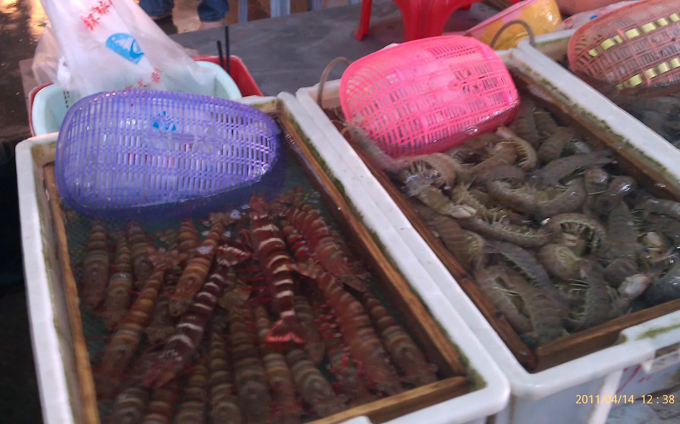 Live crustaceans displayed in water-filled market containers at Pingdi Seafood Market in 2011