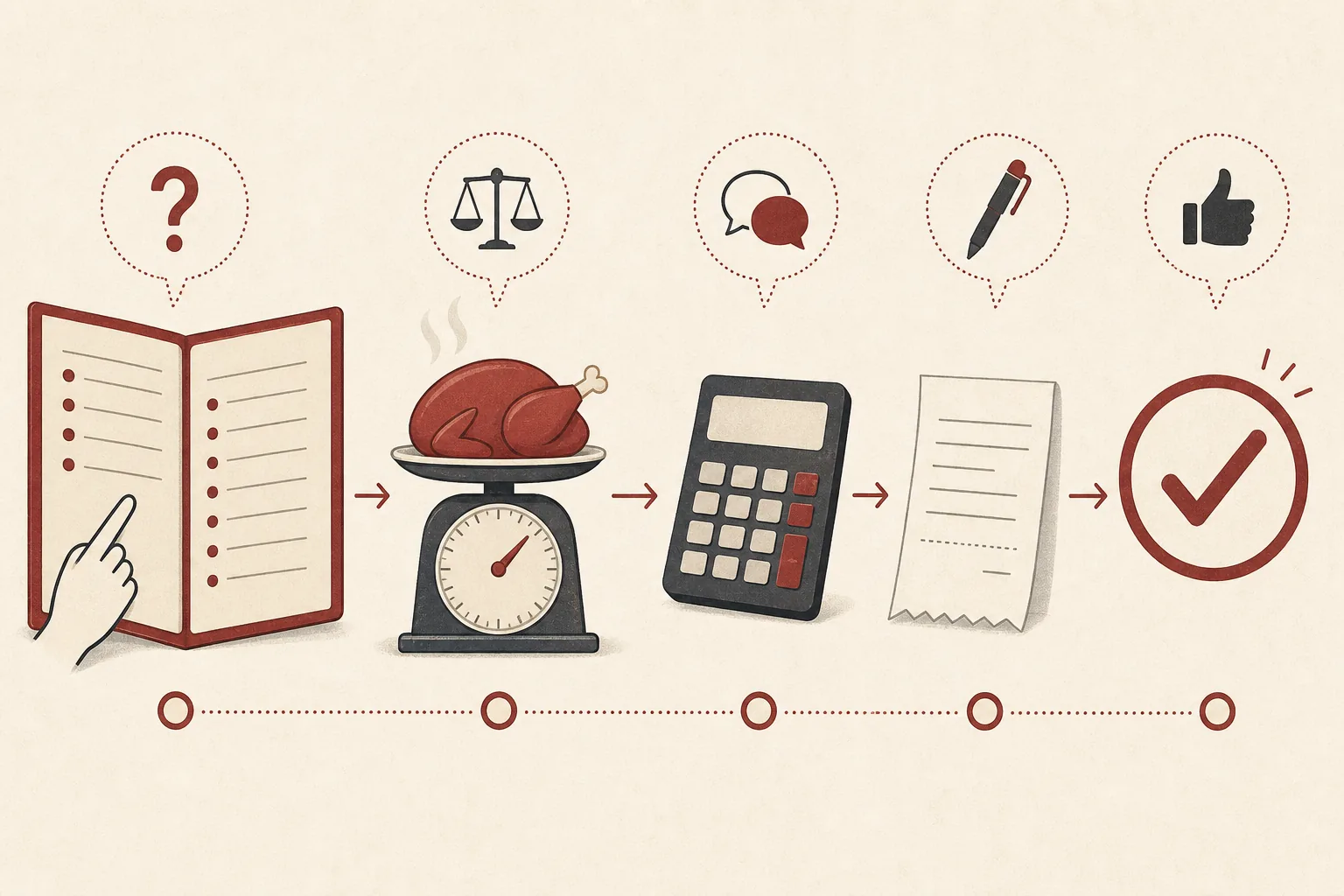 Conceptual checklist with a menu, scale, calculator, receipt and confirmation mark.