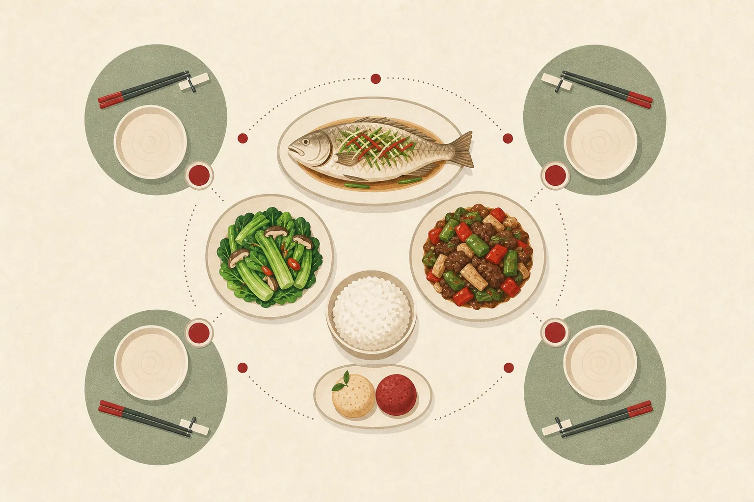 Conceptual four-person shared-table ordering diagram