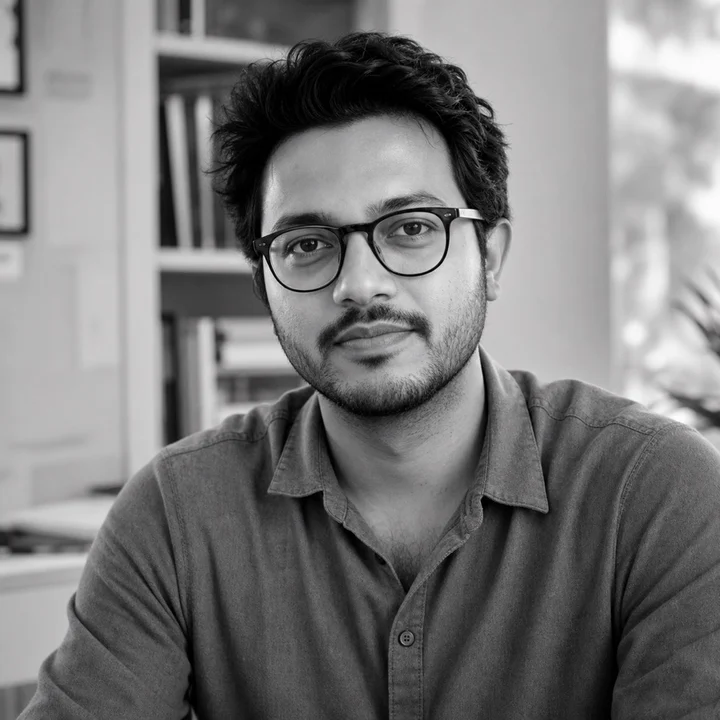 Black-and-white editorial portrait of Daniel Osei, a fictional Foshan Living author persona