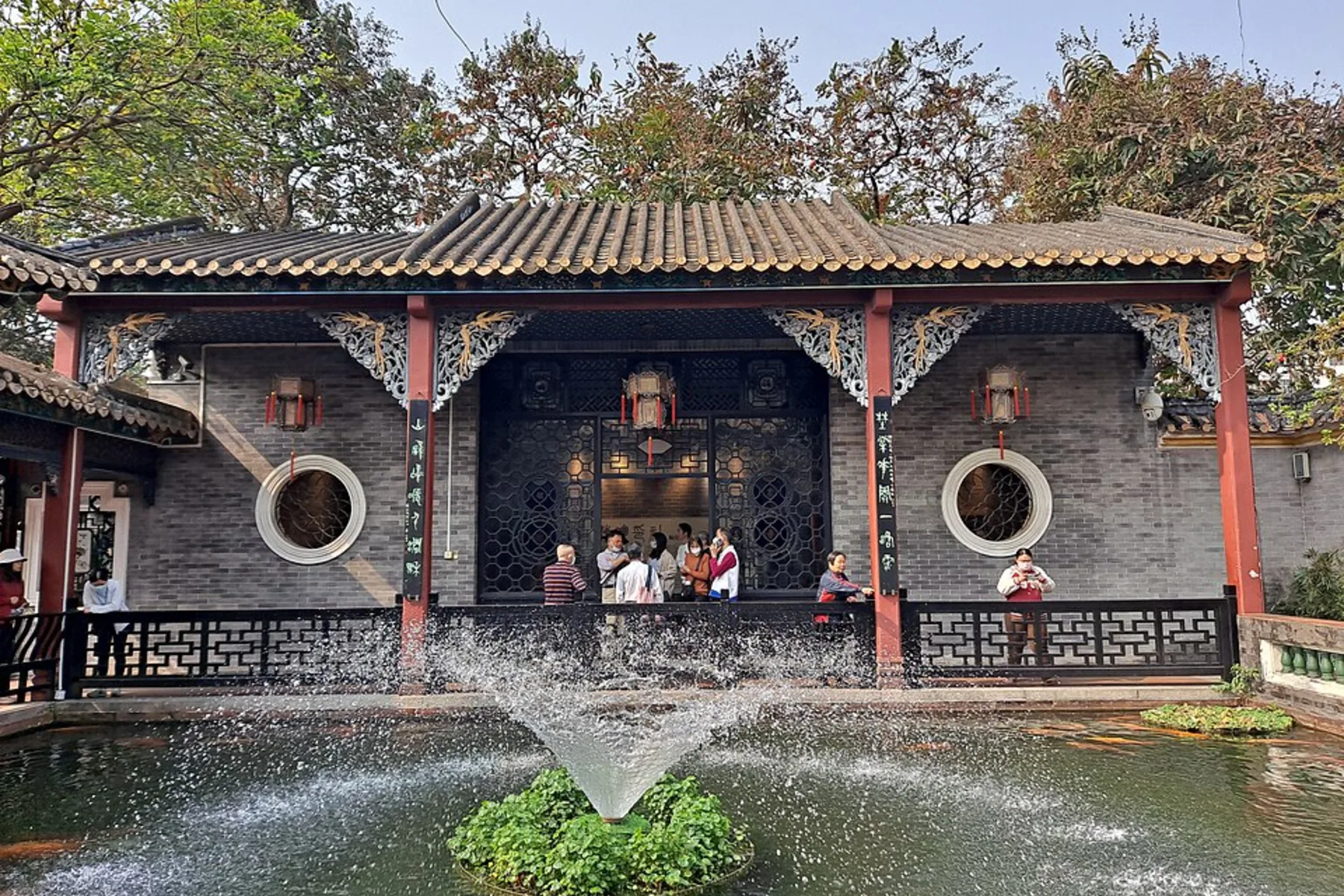 Pavilion, pond and fountain at Qinghui Garden in Shunde, Foshan